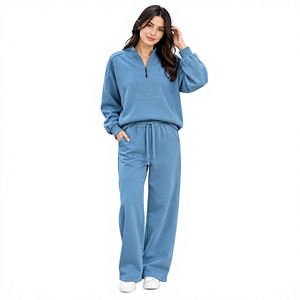 Women <b>Blue</b> Hooded Half-Zip Tracksuit Set Full Sleeve Loose Fit Leopard/Dot Pattern Casual Autumn Wear Side Pockets Drawstring - Product Image 1