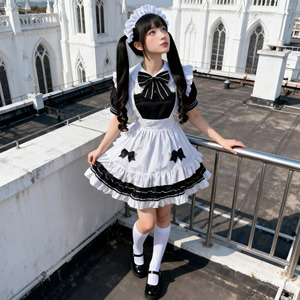 Ensemble de <span class=keywords><strong>Costume</strong></span> de Soubrette Gothique Lolita pour Femme, Robe Noire et Blanche Style Petit Diable avec Tablier à Volants et Col en Dentelle, Idéal pour Spectacles Scéniques (Vente en Gros) - Product Image 5