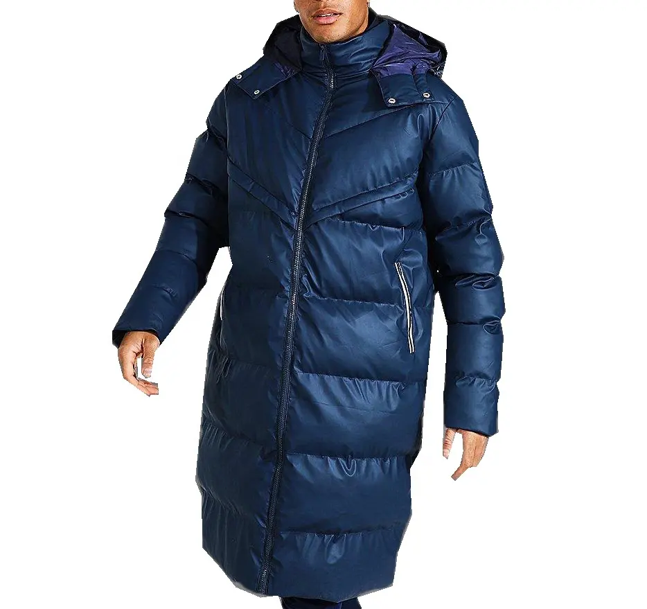 Custom design high quality full length hooded down long winter coat for men