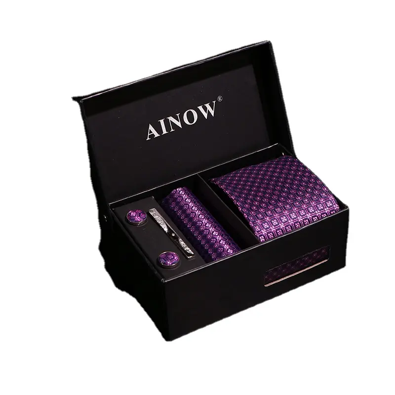 Grace purple art Excellent pattern design Mens silk pocket square men neck tie cufflink box set gift