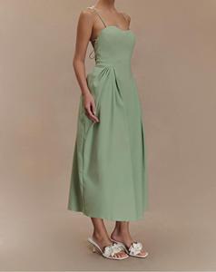 A-Lien personnalisé femmes robe mi-longue élégante plissée évasée avec bretelles spaghetti sans manches coton lin sans bretelles décolleté poches - Product Image 3