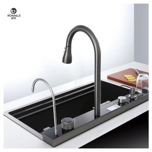 Évier de cuisine en acier inoxydable à cuve unique avec <span class=keywords><strong>robinet</strong></span> extractible, design moderne, effet cascade de pluie volante - Product Image 3