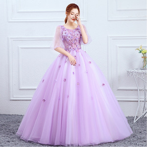 Purple Tulle Ball Gown Scoop Neck Empire Waist Long Skirt Floral Print Sheer Layer Evening Dress - Product Image 2