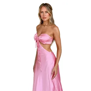 Sexy Elegant Formal Evening Pink Satin Silk Fabric Strapless Waist Cropped Chest Tie Design Women's Party Long Dresses