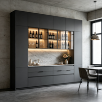 Meuble bar sur mesure avec portes vitrées, tiroirs LED, crédence effet marbre, porte-bouteilles sans poignée, rangement vin, OEM ODM