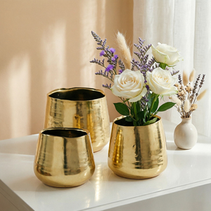 Vase en céramique doré élégant et moderne pour la décoration de bureau à domicile, pot de fleurs d'intérieur, conteneur en porcelaine, jardinière pour plantes - Product Image 3