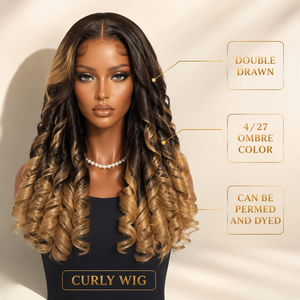 Parrucca in Capelli Umani 4/27 Marrone Biondo Ombré Ricci a Tubo Ondulati Sciolti Doppia Trama Lunga per Donna - Ingrosso Fabbrica - Product Image 3
