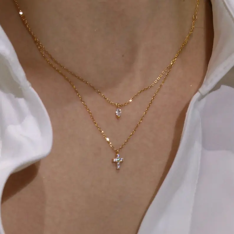 Coolsa — Mini collier avec pendentif en diamant plaqué or 18K, bijou ras du cou avec Double épaisseur minimaliste pour femmes