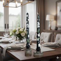 Bougies coniques noires à motifs floraux peintes à la main - Ensemble de décoration élégant et luxueux (2 pièces) pour mariages, Noël, Halloween et bars