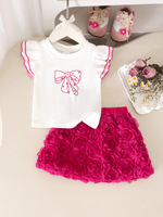Nouvel ensemble d'été pour filles : T-shirt blanc à manches volantées et jupe rose avec jolis nœuds en coton pour bébés et enfants