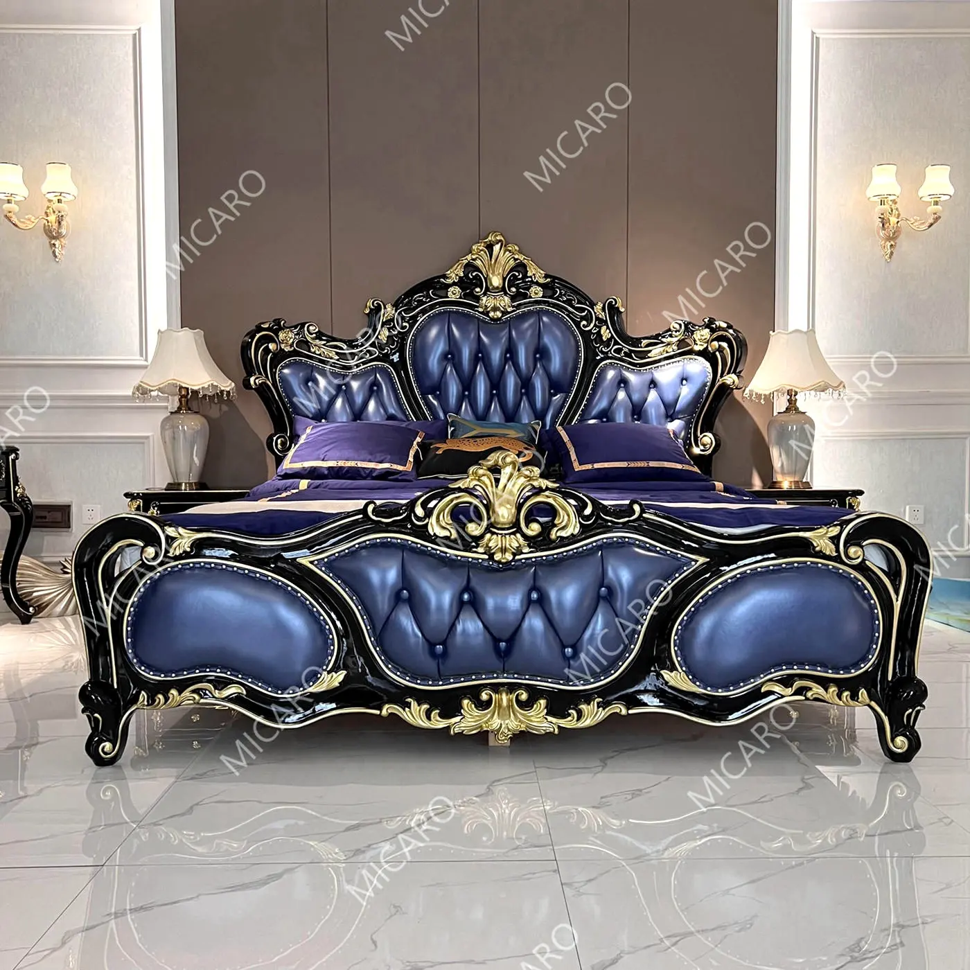 Lüks fransız klasik mobilya siyah abanoz rengi katı ahşap antika yatak odası takımı