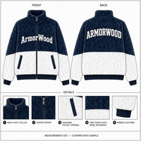 Veste en peluche personnalisée OEM ODM, fabricant, bleu marine et blanc, col montant, fermeture éclair intégrale, logo de marque privée, vente en gros