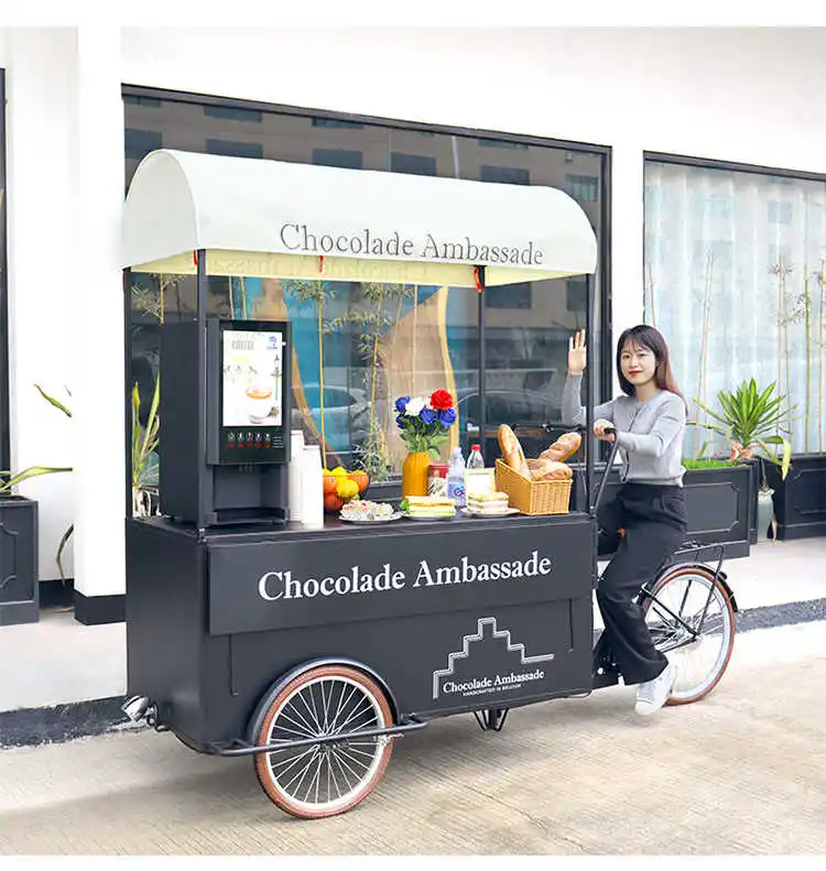 Triciclo eléctrico de café, carrito de comida para helados con camión de comida para panqueques móvil CE