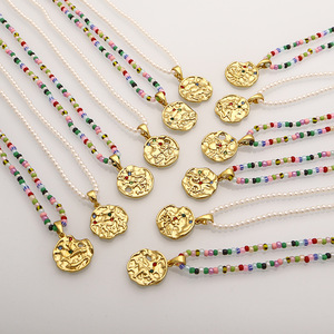Hammered Medallion Pendant Pearl Beaded Celestial Astrology Constellations 18K Gold Plated Zodiac Jewelry Sign <strong>Coin</strong> <strong>Necklace</strong> - Product Image 2