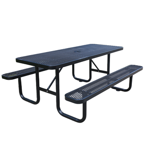 Mesa de picnic de metal recubierta de termoplástico para exteriores con Banco Exterior juego de jardín mesa de comedor redonda de acero silla con agujero para paraguas - Product Image 5