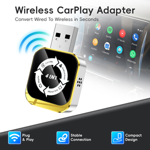 Adaptateur CarPlay sans fil 4 en 1 avec cadre doré, Plug & Play, compatible Android Auto, Mirror Link et AirPlay - Product Image 1