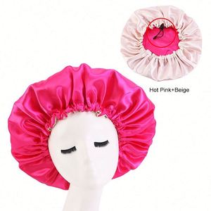 Custom Logo Double Layer Two-Color Sleeping Slouchy Beanie Hat Silk Adjustable Satin Bonnet for Women Natural Curly Hair - Product Image 1