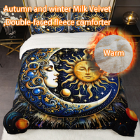 Ensemble de couette en velours de lait double face à imprimé soleil, lune et étoiles célestes, ensemble de literie en fourrure d'agneau épaisse, chaude et moelleuse, 3 pièces
