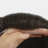 Sistem Rambut Pria Natural V-loop Hairline 100% Rambut Asli Manusia, Sistem Penggantian Rambut dengan Alas Lace PU, Toupee untuk Pria Grosir