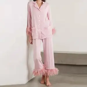 2024 Nieuwe Aankomst Fabriek Custom Pyjama Met Veren Roze Pyjama Met Bont Veren Pyjama