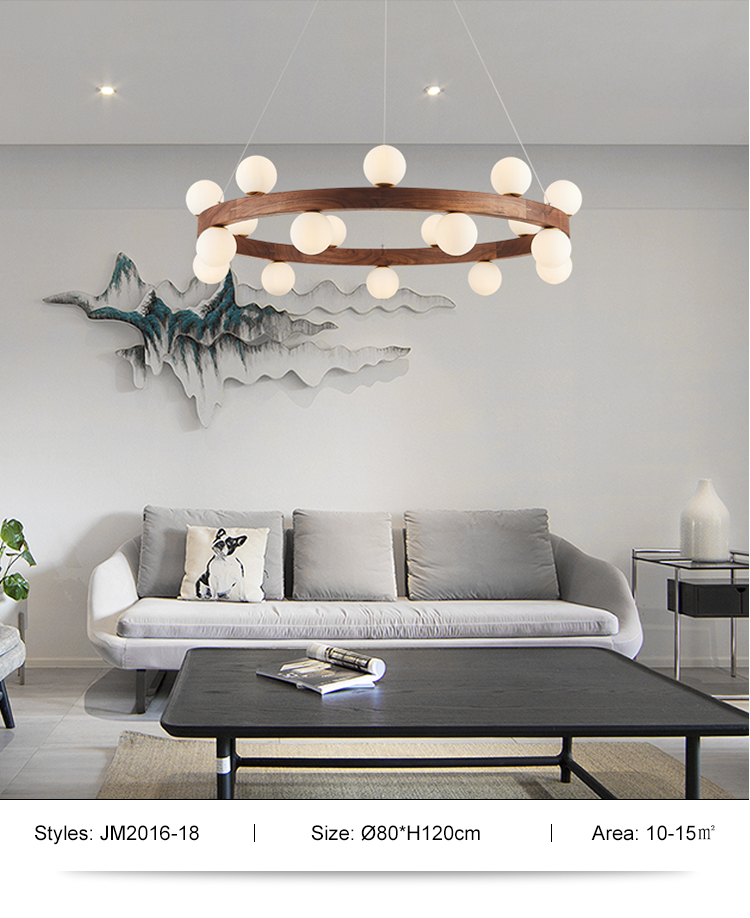New Design Style Decoration Bedroom Interior Walnut Wooden Glass Round G9 Chandelier Light