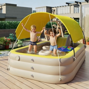 <span class=keywords><strong>Piscine</strong></span> gonflable familiale avec parasol et toboggan, gonflage rapide, pliable, portable, sécuritaire <span class=keywords><strong>pour</strong></span> les tout-petits, plaisir estival en plein air - Product Image 1