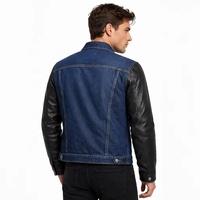 Chaqueta Trucker de Mezclilla Lavada para Hombre con Empalmes de Piel de Cabra, Cuello Solapa Personalizado, Prenda Exterior de Cuero Genuino para Fabricantes OEM y Venta al por Mayor
