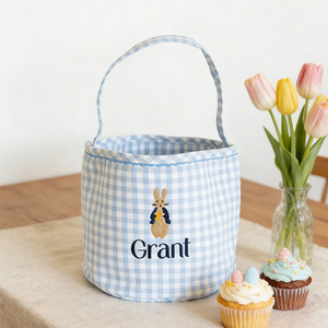 Cestas de <span class=keywords><strong>Huevos</strong></span> de Pascua Coloridas Personalizadas con Nombre de Conejito y Diseño de Cuadros Vichy para Regalos Infantiles - Product Image 6
