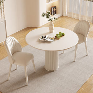Ensemble <span class=keywords><strong>de</strong></span> table à manger ronde en acier inoxydable style crème, <span class=keywords><strong>4</strong></span> chaises, <span class=keywords><strong>design</strong></span> moderne colonne romaine, petite taille pour usage domestique - Product Image 3