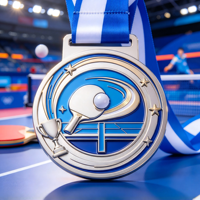 Médaille personnalisée de tennis de table en émail argenté et bleu, avec relief 3D de raquette et balle, trophée étoile pour le championnat