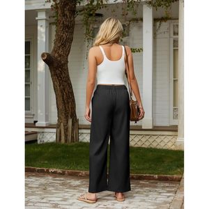 Womens Casual High Waisted <b>Wide</b> <b>Leg</b> Pants <b>Linen</b> Feel Palazzo <b>Trousers</b> With Pockets <b>Black</b> Breathable Fabric Crepe - Product Image 4