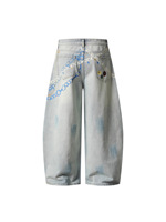 YUANBOFEI Jeans sur mesure de haute qualité, vintage, bleu brossé, imprimé Dalmatien et chaîne, coupe bootcut, jeans incurvés pour femmes