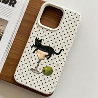 Coque de téléphone portable antichoc en cuir souple à pois noirs motif chat mignon pour iPhone 14 18 16 17 Pro Max