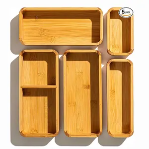 5-Piece Bamboo Kitchen Drawer Organizer Set For Large And Small Utensils Multi-Use Storage Box Jewelry Cutlery Junk Drawer Tray