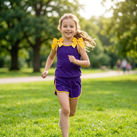 Ensemble 2 pièces pour filles avec bretelles contrastées bleues, débardeur jaune uni sans manches et short, ensemble d'été pour filles