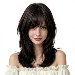 Parrucca sintetica da 16 pollici marrone scuro trasparente a strati con taglio <span class=keywords><strong>Wolf</strong></span> Cut, frangia, resistente al calore, senza effetto lucido, con linea naturale dei capelli, stile celebrità - Product Image 1