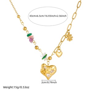 Heart-Shaped Diamond Pendant Gold Plated Stainless Steel Chain Necklace With Gemstone Beads For Daily Wear Gift - Product Image 4
