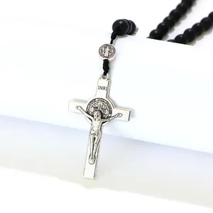 Wooden Rosary Komi Religious Wooden Rosary Necklaces Cross Pendant Catholic Rosaries Christ Jesus Woven Rope Necklaces Wholesale