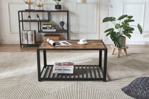 <span class=keywords><strong>Table</strong></span> basse rectangulaire industrielle avec étagère de rangement à lattes, plateau en bois rustique pour salon - Product Image 4