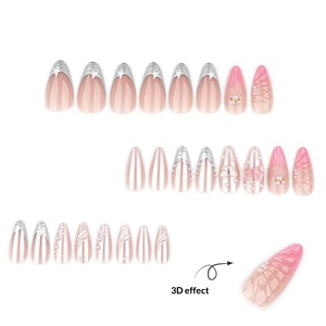 BIN 3D <span class=keywords><strong>Faux</strong></span> <span class=keywords><strong>Ongles</strong></span> Portables Style Français Motif Papillon Forme Amande Courte avec Nœud et Perle pour Nail Art Vente en Gros - Product Image 2