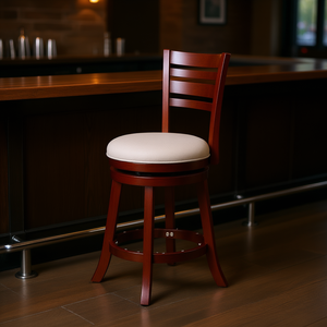 Taburete de Bar Giratorio de 24 Pulgadas de Altura, Acabado en Cerezo, Asiento de Tela Beige para Uso en Bar - Product Image 2