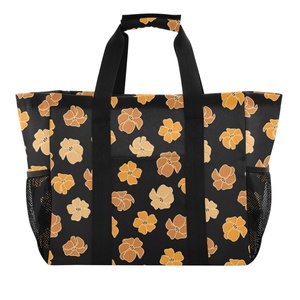 Portable Hawaiian Puakenikeni Flower Canvas Fabric Custom Laundry Basket Storage Heavy Duty Laundry <b>Large</b> Tote with Mesh Pockets - Product Image 2