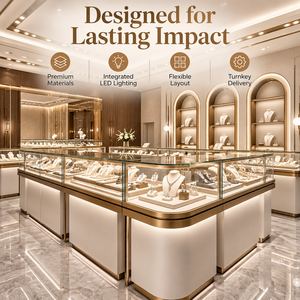Comptoir de présentation de bijoux en verre marbré or champagne de luxe moderne, projet d'aménagement intérieur complet pour boutique de bijoux sur mesure - Product Image 3