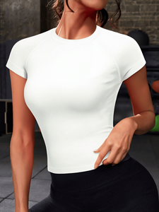 T-shirt de yoga slim pour femme, manches courtes, col rond, vêtement de sport élastique, logo imprimé par transfert thermique sur le devant, design simple, couleur unie - Product Image 3