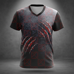 เสื้อยืดแขนสั้นคอวีสำหรับผู้ชายพร้อมลายกราฟิกกราฟิกกราฟฟิกกราฟฟิกพิมพ์ลายรอยขีดข่วนสีแดง - Product Image 2