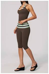 OEM <b>Women</b> Custom Logo Striped Polka Dot Halter Layered Top Foldover Waist Shorts Capri <b>Leggings</b> Pants Yoga Gym Active Wear - Product Image 3