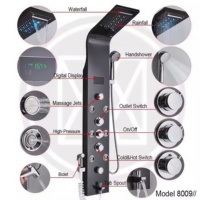 Colonne de douche thermostatique multifonction en acier inoxydable brossé noir avec panneau de douche pluie et cascade