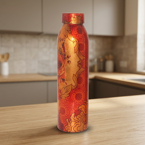 Thermos en métal au design oriental, bouteille de voyage portable, motif rouge et or - Product Image 4
