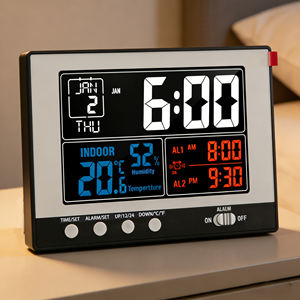 Réveil numérique <span class=keywords><strong>de</strong></span> bureau en plastique avec double alarme, calendrier, température, humidité, rétroéclairage réglable et support intégré pour la maison - Product Image 6