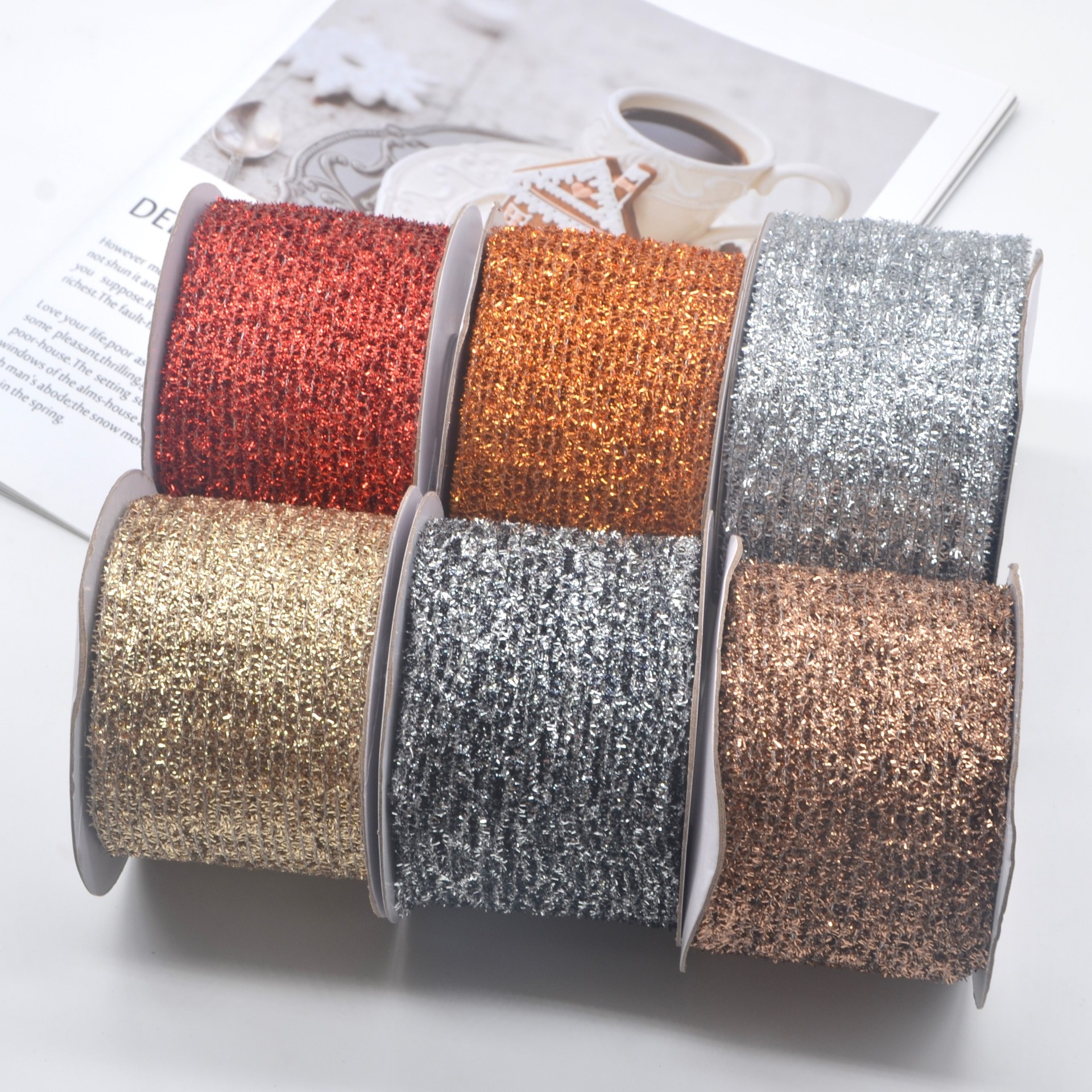 7cm Gold Silver Christmas Decorative Polyester Grosgrain Iron Wire Metal Mesh Crafts Ribbon Factory Direct Sale 5 yards/roll